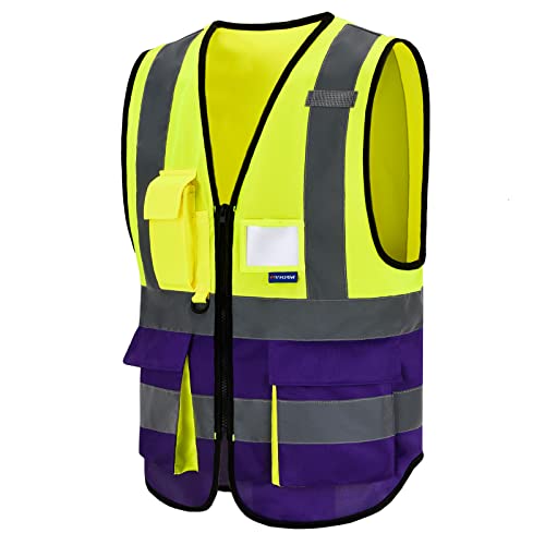 Image of Reflective Construction Vest, 7 Pockets, Zipper, Yellow /Purple, L | Yellow /Purple L work vest with reflective strips, mic tabs and 7 pockets for specialized technicians and laboratory work.