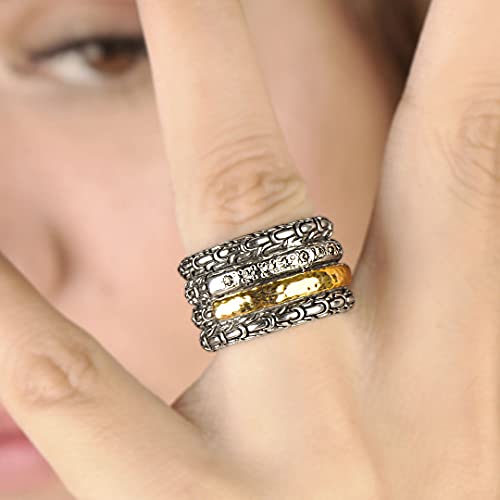 925 Sterling Silver And 18K Gold Stacking Ring With Dragon Scales Motif And White Topaz With Horizontal Low Gold Line For Women, Mother's Day, Father's Day, Christmas And Jewelry Gift, 6 #TOP3