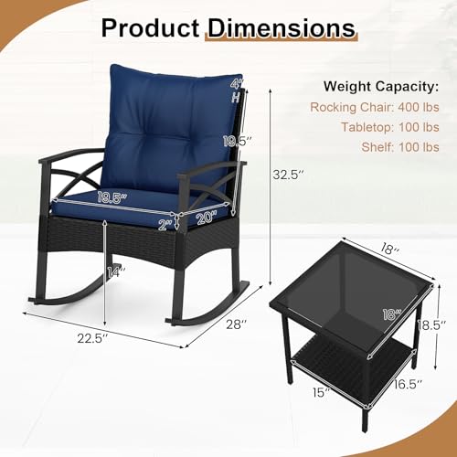Image of Tangkula 3 Pieces Wicker Outdoor Rocking Chairs Set | Heavy Duty | Cushioned | Rattan Rocker Bistro Set w / 2-Tier Tempered Glass Coffee Table for Garden, Balcony, Backyard