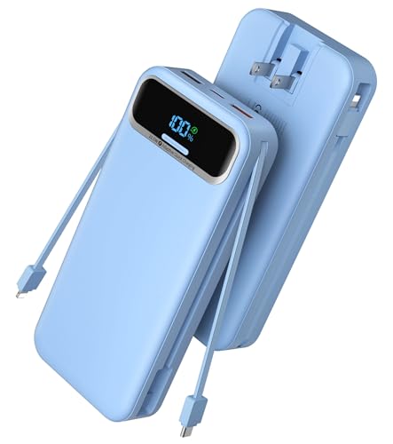 Image of Nusyddy Portable Charger 20000mAh 22.5W w /Built-in Cables & Wall Plug Blue | 22.5W Fast Charging, High Capacity, LED Display, Charge 5 Devices at once, TSA Approved, Compatible with iPhone /iPad /Samsung