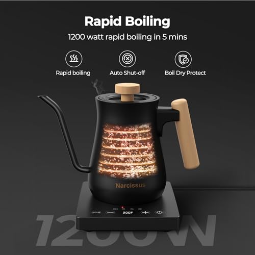 Image of Narcissus P901 Gooseneck Electric Kettle with ±1℉ Temperature Control Function, 1200 Watt Rapid Boiling in 5 Mins, Max 6 Hours Keeping Warm, 304 Stainless Steel Interior, BPA Free, Black