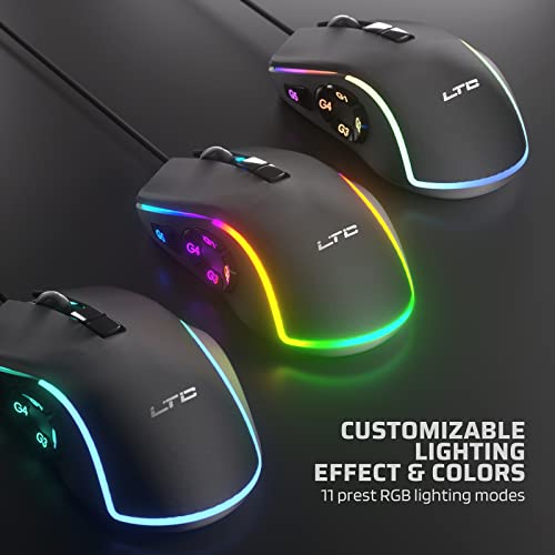 Ltc Mkm051 Mmo Gaming Mouse, 10 Programmable Buttons, 7200 Dpi, Wired Rgb Mouse Ergonomic Natural Grip Build, 5 Side Macro Keys, Software Supports Diy Keybinds & Backlit, Black #TOP5
