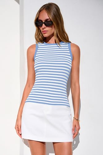 Image of PRETTYGARDEN Summer High Neck Striped Tank Tops for Women Casual Sleeveless Sweaters Basic Ribbed Knit Slim Fitted Shirts