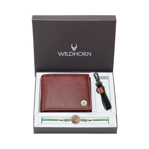 Image of WildHorn Rakhi Gift Hamper For Brother - Classic Men's Combo /Gift Set Of Leather Wallet, Keyring And Rakhi For Brother /Bhaiya., Maroon