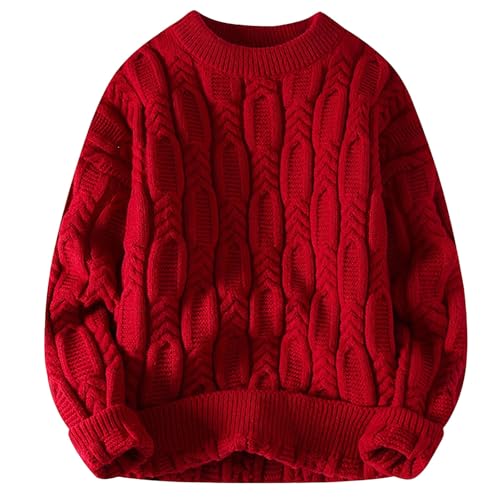 Generico Suéter de hombre a rayas de punto universitario clásico jersey casual grueso cálido con cuello redondo ajuste ancho cómodo y suave vintage cómodo para actividades al aire libre, C rojo, XXL