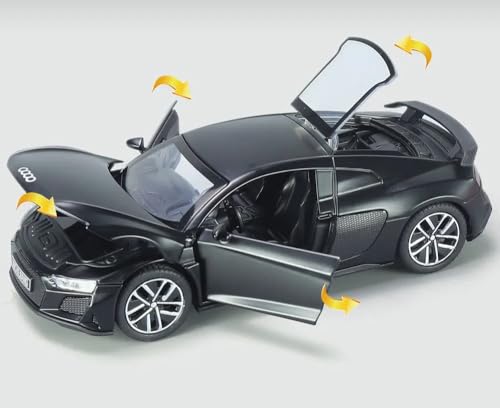 Image of 1:32 Scale Audi R8 Die-Cast Car - Alloy Pull Back Toy Vehicle with Lights, Engine Sounds & Openable Doors - Metal Sports Car Model for Boys, Kids & Collectors (Color as per Stock)