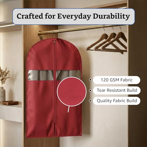 Image of Amazon Basics Non-Woven Suit, Coat, Jacket Cover | 120 GSM | Clear Window | Long Zip | 40 x 24 Inches | Pack of 5 (Maroon)