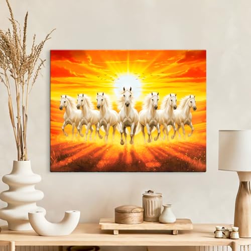 Image of ArtX Canvas 7 Horses Painting Vastu Frame Wall Art Painting, White Running Horses With Rising Sun, Wall Decor, Multicolor, Nature, 58.0 X 45.0 cm, Set of 1