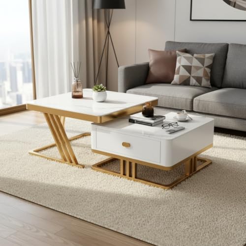 Image of RIZIK Stores Iron Frame Handmade Drawer Square Coffee Table /Nesting Table /Side Table /Center Table with Engineered Wood Top for Living Room /Drawing Room /Balcony (White Gold, 30 inchx30 inch)
