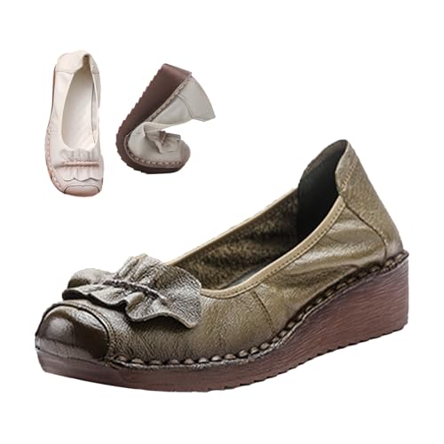 Women's Leather Wedge Pumps,Trendy Ruched Bow Closed Toe Comfortable Oxford Non-Slip Soft Sole Casual Dress Shoes
