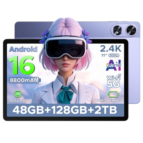 POCKAM P11 Pro Android Tablet, 11 inch Tablet, 48GB RAM+128GB ROM, Android 16 Tablet with Gemini AI, 2.4K 90Hz, T7250 Octa-Core, 8800mAh, 13MP+5MP, 5G WIFI, Tablet with Pen, Keyboard, Mouse-Purple