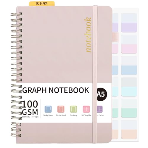 Thboxes A5 Spiral Grid Notebook 160 Pages 100Gsm Paper Pink
