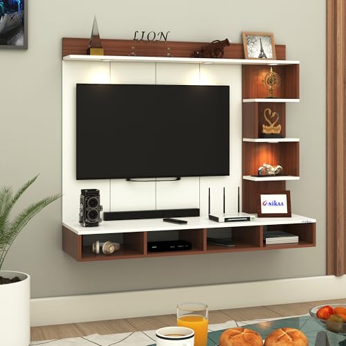 Image of Anikaa Kasey Engineered Wood Wall-Mount TV Unit with PVC Back Panel & LED Lights | TV Cabinet with Storage Box & Decorative Shelves (Walnut /White) Ideal for TVs up to 55 Inch | DIY Installation