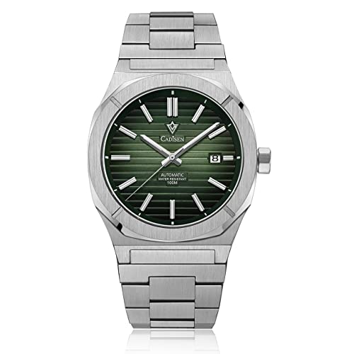 CADISEN Men's Automatic Watch, Simple Dial Date Display Waterproof 100M Watch, Fashion Business Stainless Steel Strap Wrist Watch for Men (Green)