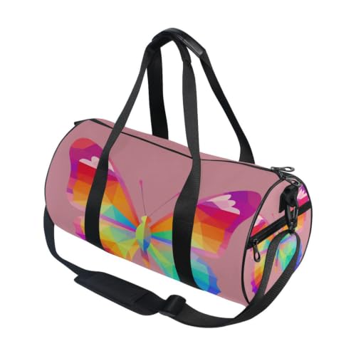 Bolsa de lona redonda para viajes y deportes con estampado de mariposa y bandera arcoíris
