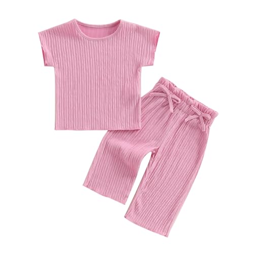Geagodelia Toddler Baby Girl Spring Summer Outfits Short Sleeve Solid Color T-Shirt Sweatshirt Top Shirts with Elastic Waist Bowknot Pants Sets 2Pcs Clothes for Little Girls (Pink, 18-24 Months)