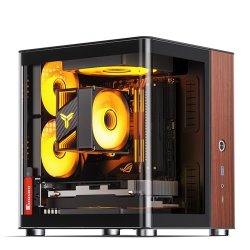 Image of JONSBO TK-0 Black ITX Mini Tower PC Case, Hyperboloid Glass Desktop Design,Separated Cabinet Structure, Al Alloy Shell DTX /ITX Walnut Wood Computer Case, Sff Case,Black