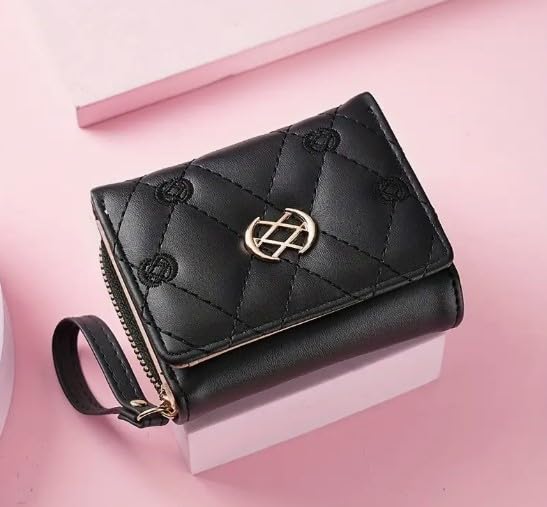Mothers Day Gifts,Wallet Women,Women'S Embroidered Quilted Trifold Wallet, Neutral Style, Faux Leather, with Snap Closure, Zip Pocket, Faux Leather Lining, and Wristlet Accessory (Black)2