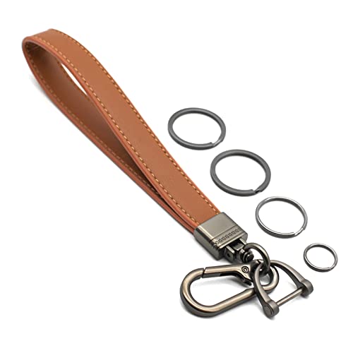 INFIPAR Car Fob Key Chain Genuine Leather Wristlet Strap Keychains Holder for Men and Women 360 Degree Rotatable with Anti-lost D-Ring Carabiner Clip and 4pcs Key Rings Dark and Coffee