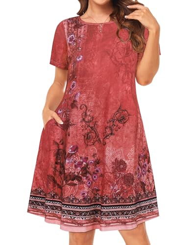 Image of Womens Summer Dresses Beach Casual Loose Tshirt Floral Short Sleeve Flowy Pockets Sundresses 2026