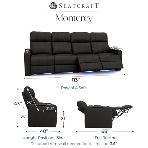 Image of Seatcraft Monterey Home Theater Seating Black Row of 4 Sofa | Italian Leather, Wall Hugger, Zero Gravity, Powered Headrest, Power Recline, Zero Gap, USB charging
