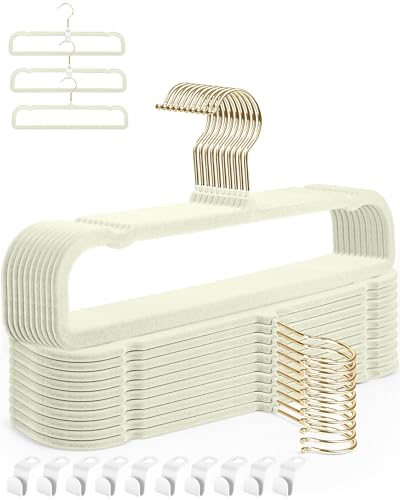 Image of 20 Pack Velvet Pants Hangers for Closet Space Saving, Thin Hanger(White) | Heavy Duty Flocked Trouser Hangers,Strong, Durable, Clothes Hanger with Golden Swivel Hook, Jean Hangers for Women and Men