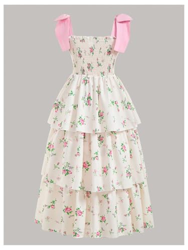 Verdusa Girl's Ditsy Floral Print Layered Ruffle Dress Sleeveless Tie Shoulder Elegant Midi Dresses2
