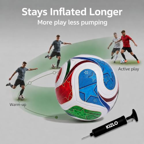 Image of Kizlo Official Size 5 Football with Pump & Pin | PVC Leather Training Soccer Ball for Ground, Turf & Street Play | High Grip & Air Retention for Kids, Youth & Adults | Multicolor