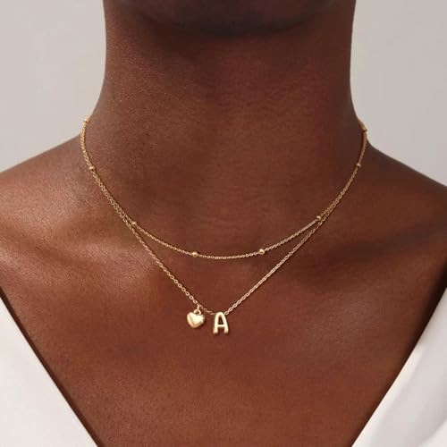 adoyi Gold Necklace for Women Layered Bubble Heart Letter Initial Necklaces for Women Trendy Jewelry 14K Gold Plated Chain Chunky Name Necklace Stack Charm A-Z Pendant Set Jewelry Gifts2