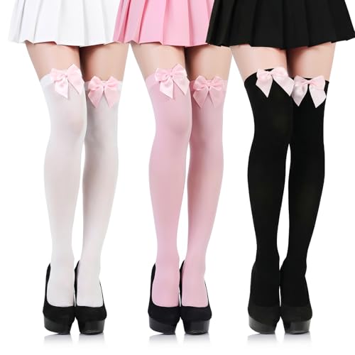 scenicamp 3 Pairs Women Satin Bow Thigh Highs Stockings Lolita Over Knee High Long Socks with Cute Bow White Stocking White Black Red Bows Black White Pink Stockings Pink Bows