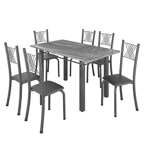 Conjunto Mesa com 6 Cadeiras Tampo de Granito Topázio Sara  Preto Liso/Martelado Prata