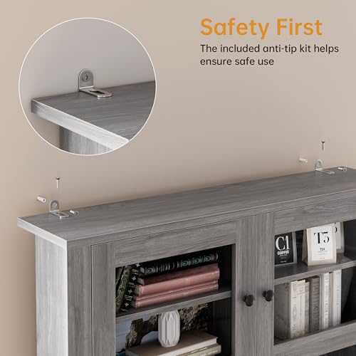 GarveeHome Farmhouse Pantry Cabinet, Kitchen Pantry Storage Cabinet with Microwave Stand, Rustic Buffet Sideboard with Sliding Door, Freestanding Cupboard with Shelves for Dining Room, Dark Grey