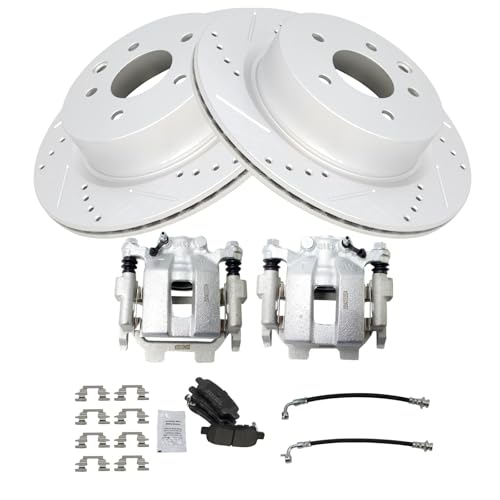 Image of TRQ Performance Rear Brake Pad and Rotor Set Semi Metallic Slotted Drilled Coated Rotors Calipers Compatible with 2011-2012 Infiniti G25 2011-2012 G37 2015 Q40