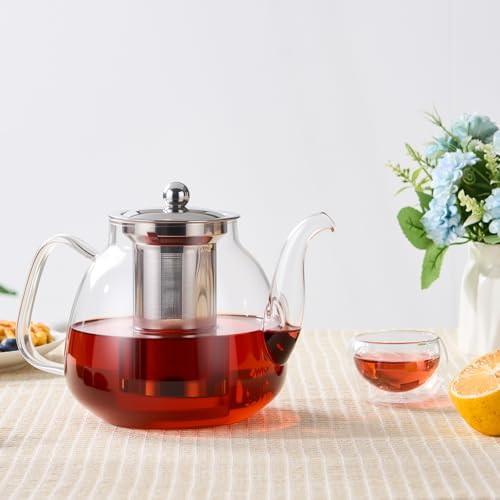 Image of PARACITY Glass Teapot Stovetop 40 OZ /1200ml, Tea pot with Removable 18 /8 Stainless Steel Infuser, Borosilicate Clear Tea Kettle, Teapot Blooming and Loose Leaf Tea Maker Tea Brewer for Camping