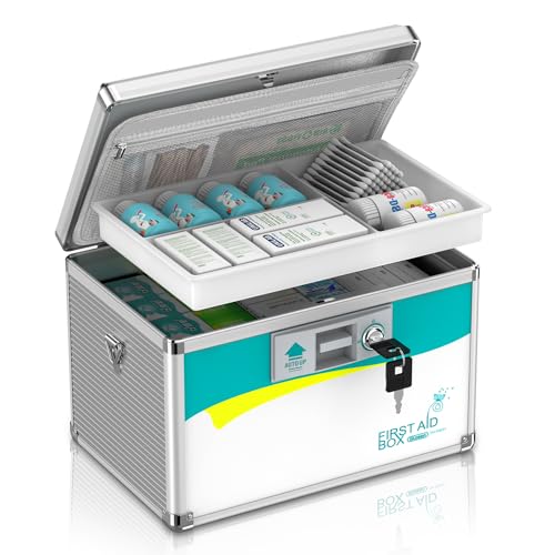 Image of Glosen Medication Lock Box with Key, 2-Layer Medicine Lock Box with Meds Tray, Portable First Aid Box with Handle & Shoulder Strap for Home, Travel(12x7.7x7.9Inch)