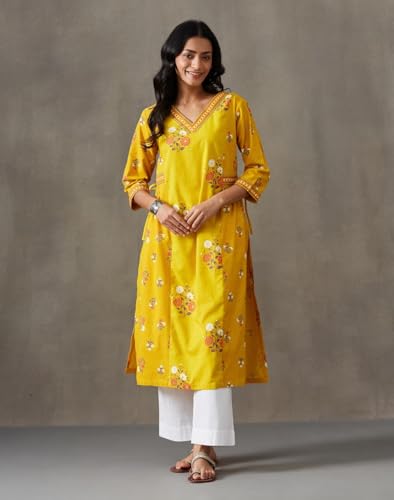 Kurta ethnique imprimé jaune Fabindia, la coupe longue fluide confortable