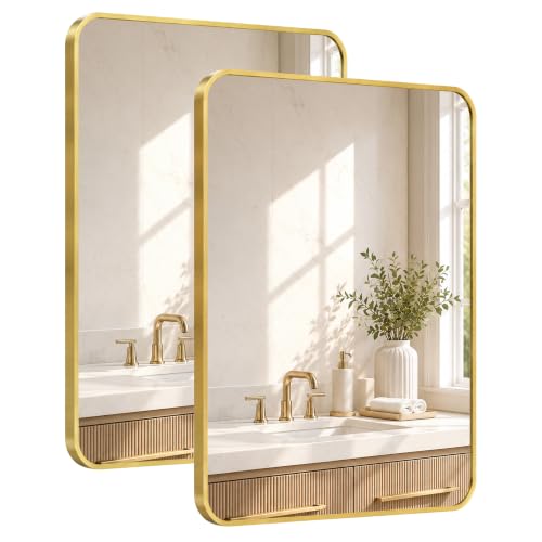 Pocetry 2-Pack 24x36 Inch Brushed Gold Rounded Rectangle Vanity Mirrors
