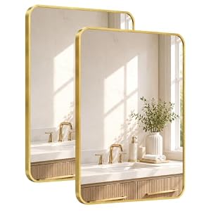 2-Pack 24×36 Inch Brushed Gold Rounded Rectangle Vanity Mirrors | Double Vanity or Two Bathrooms, Pair or Separate Use, Aluminum Frame, Slim Front Profile, Two-Way Mount