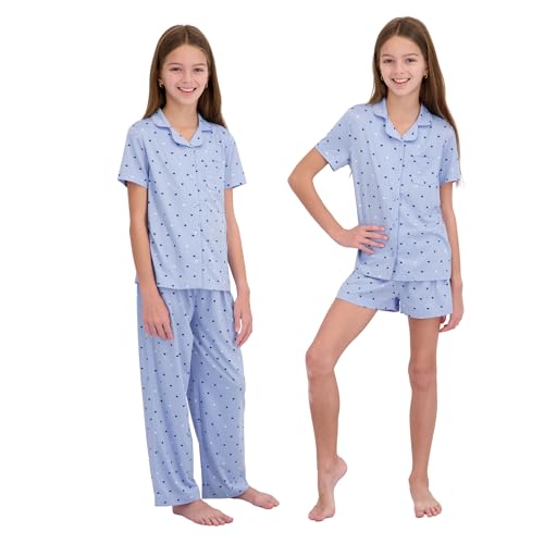 Image of US Angels Girls Pajama Set 3 Piece, Short Sleeve Button Down PJs with Shorts & Pants, Soft Sleepwear Girls & Tweens Size 5-16