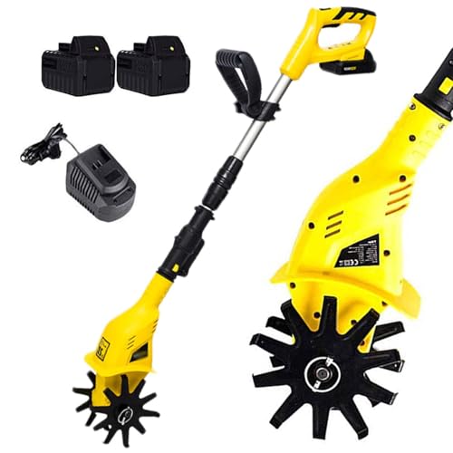 コードレス電動耕運機、4000mAhバッテリー、幅10cm、深さ25cm、庭の土壌や雑草用のポータブルロータリー耕運機 Two batteries