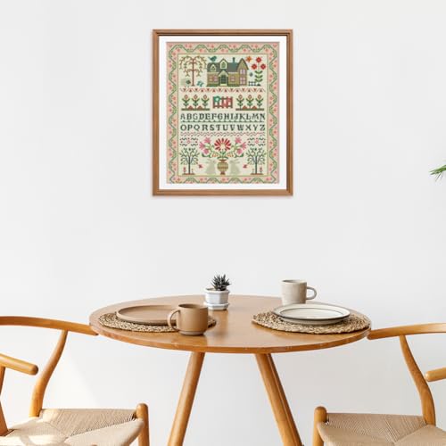 Image of FREEBLOSS 11CT Stamped Cross Stitch Kits Folk Art House Pattern Cross Stitch Wall Painting Kit Embroidery Needlepoint Set for Beginners Adults 40x50cm /15.7x19.7inch