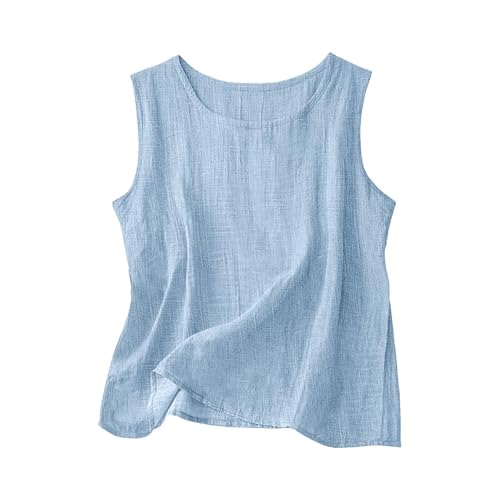 Women Cotton Linen Tank Tops Loose Fit Casual Sleeveless Summer Linen Shirts Lightweight Gauze Crewneck Camisole Spring Break Outfits 2026 Light Blue Large