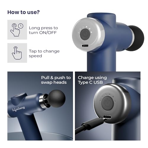 Image of Lifelong Gun Massager for Pain Relief - 8 Massage Heads, 6 Speed Modes, Rechargeable, Quiet 20W Motor, Lightweight & Portable Deep Tissue Massager for Back, Neck, Legs & Travel Use