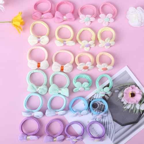 Image of BendJoy 24 Pcs Kids Hair Ties Set, Colorful Cute Hair Elastics with Soft Stretch for Girls | Butterfly & Flower | Gentle for Babies | No-Snag | Ponytail Holders | Everyday Hair Styling