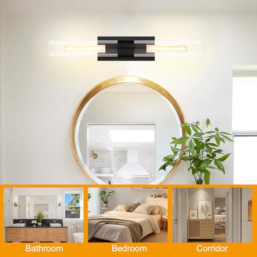 Image of Glass Tube Wall Sconces, 24in Bathroom Vanity Light Fixtures 2-Light Double Glass Sconces Wall Lighting Bathroom Wall Lights for Mirror,Bedroom, Hallway (Including Extra Bulbs)-Matte Black