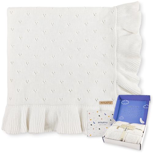 Image of Ruffle Cotton Pointelle Knitted Baby Blanket, 40 x 31 Inches Soft Cozy Newborn Swaddle Blanket for Girls, Crib Stroller Receiving Blanket, Elegant Gift Box,White