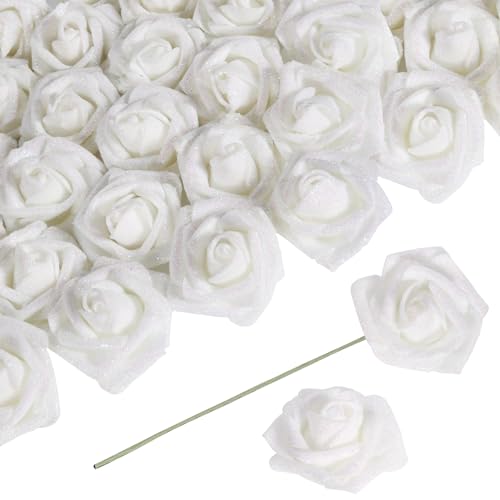 ICBOX White Flowers Glitter Rose 30 PCS Artificial Flowers Glitter Flowers Foam Roses with Stem Fake Flowers for DIY Wedding Bridal Bouquet Party Centerpieces Decor(White)