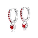 Silver Earrings for Women Girls, Hypoallergenic 925 Sterling Silver Hoops Earrings with CZ Heart Charm, Huggie Drop Dangle Earring Jewellery Gifts for Christmas Birthday (red)