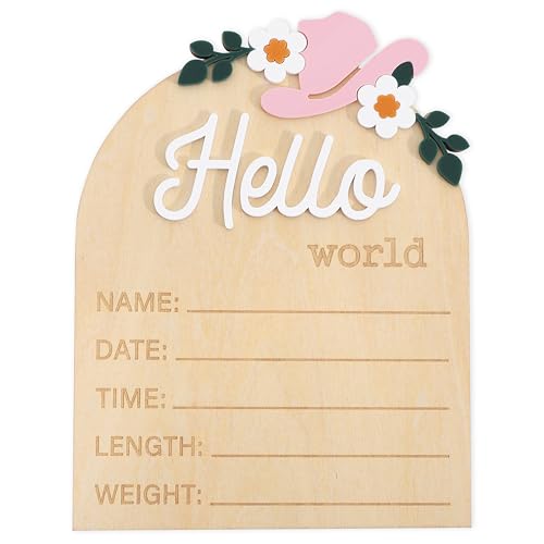 Image of Wooden inchHello World inch Baby Announcement Board - Newborn Birth Sign, Baby Shower Decor, Hospital Nursery Information Board, Baby Milestone Photo Prop, Gender Neutral Keepsake (Cowgirl Boot&Bow Western Cowbaby)