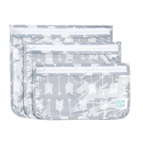 Image of Bumkins Travel Bag, Toiletry, TSA Approved Pouch, Zip Bag, Quart Size Airline Compliant, Clear-Sided, Baby, Diaper Bag Organization, Makeup, Accessories, Packing, Set of 3 Sizes, Gray Arrows